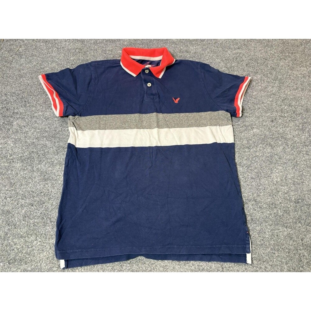 American Eagle Outfitters Polo Shirt Mens L Blue Stripe Knit Short Sleeve